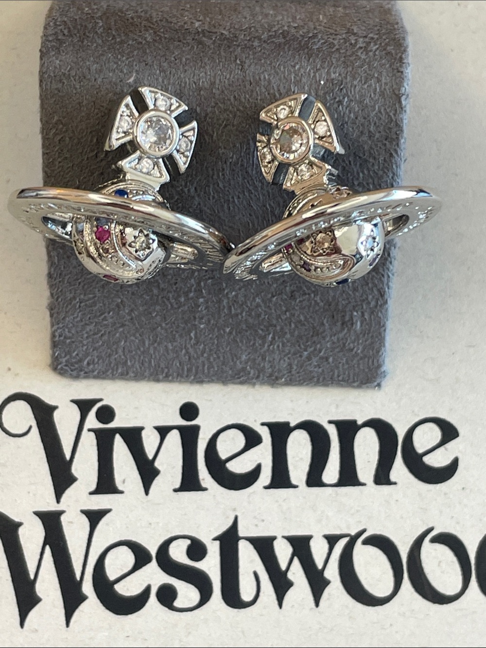 Vivienne Westwood Silver Tone 3D Orb Crystal Stud Earrings Pink Accent Saturn